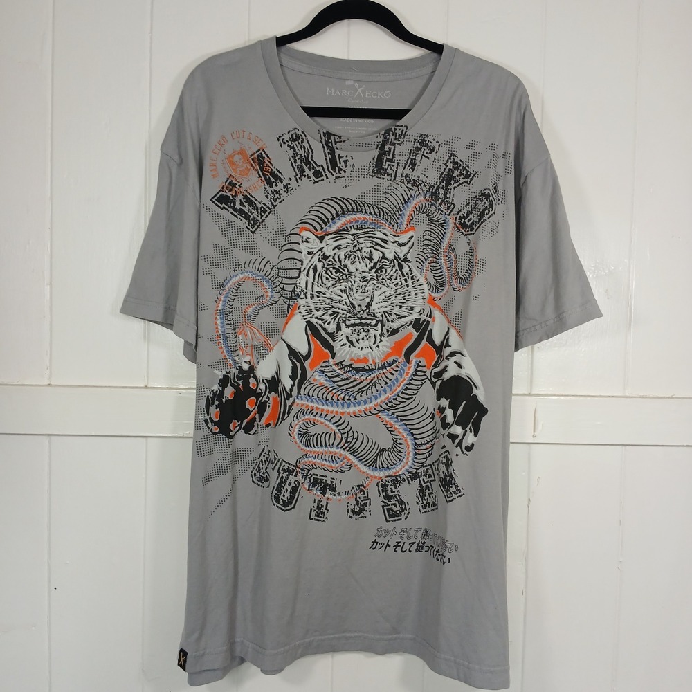 Y2K Marc Ecko Unltd T-Shirt Mens 3XL Grey Tiger Snake Graphic V-Neck Streetwear